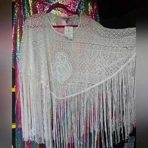 Asos white fringe beaded bling shawl NWT